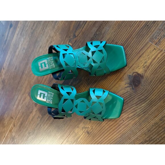 Emanuel Crasto Leather Laser-Cut Wedge Sandals Green Italy-Made Size 38 New - Picture 7 of 7